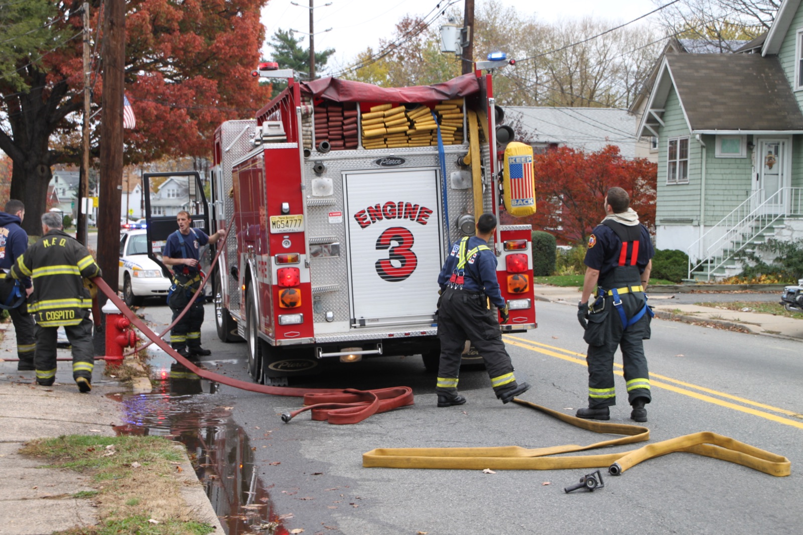 Engine 3 connected to a hydrant during fall operations