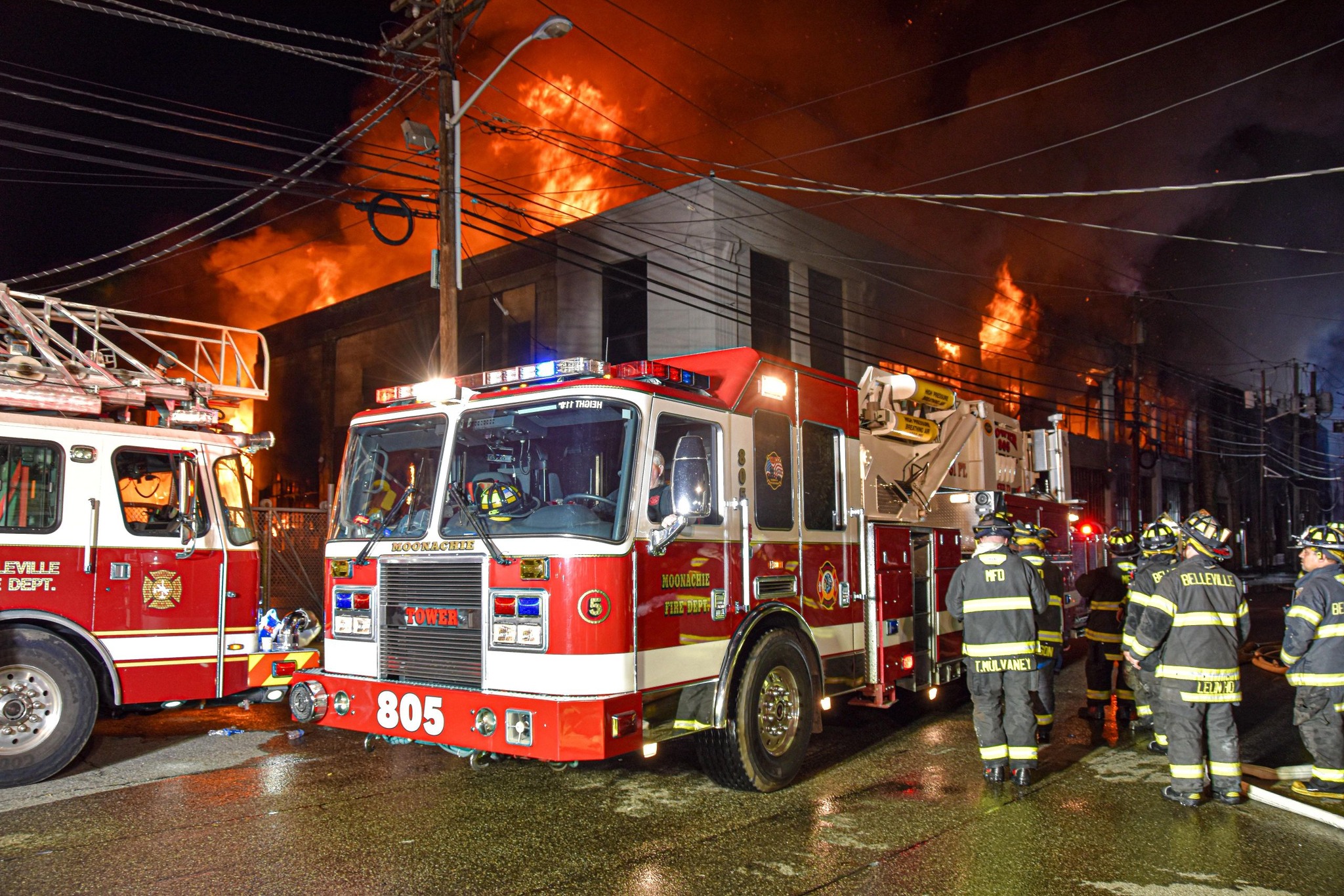 Moonachie Fire Department Tower 805 and crew at a structure fire
